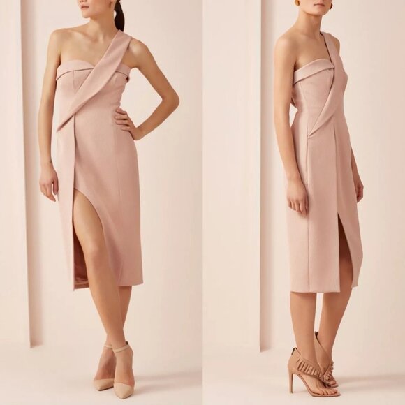 Keepsake Size M Pink Platinum Asymmetrical One Shoulder Midi Dress NWOT - Picture 1 of 16